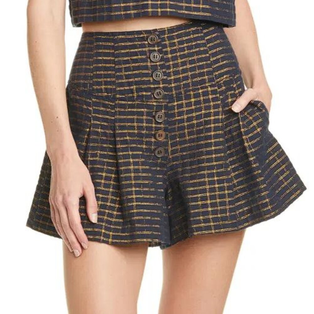 ULLA JOHNSON Women's Plaid Hight-Waisted Short Size 0 In Navy/Gold
